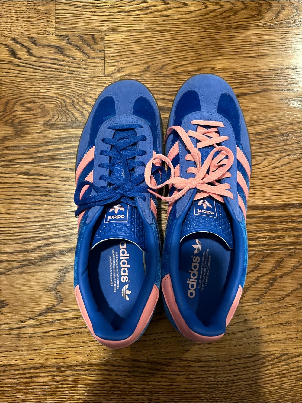 adidas Gazelle Velvet Sneakers in Blue & Pink with Gum Sole - Picture 2 of 5